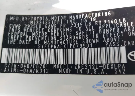 2020 Toyota Corolla Le from USA, damaged, VIN 5YFEPRAEXLP079901